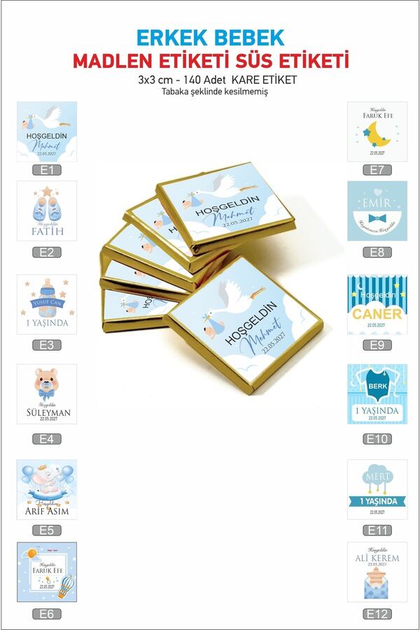 Genel Markalar Doğum Günü 1 Yaş Hoşgeldin Bebek Erkek Bebek-çocuk Hediyelik Madlen Çikolata Etiketi Kare 140 Adet