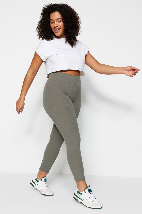 Trendyol Curve-Khaki magas derekú polár belső bordás kötött nagy méretű leggings TBBAW23BV00017 1