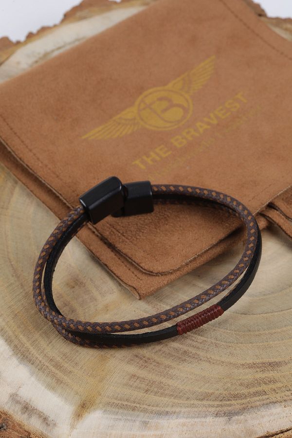 MRHERO-Mh019 Men's Black Medium Wrap Leather Double Rope Handmade Genuine Leather Bracelet 1