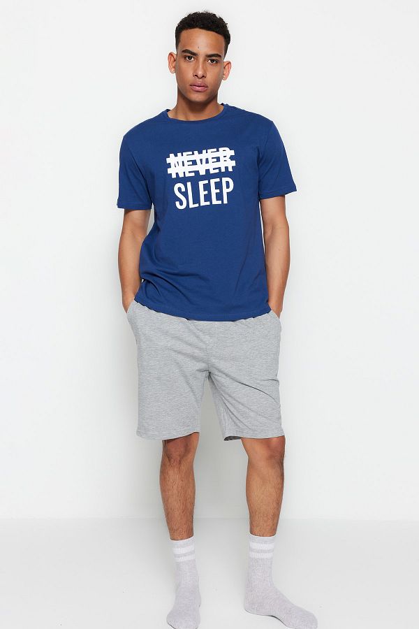 Trendyol Collection-Modrá sada pyžama Regular Fit 100% bavlna pletené letní šortky - THMSS21PT0216 1