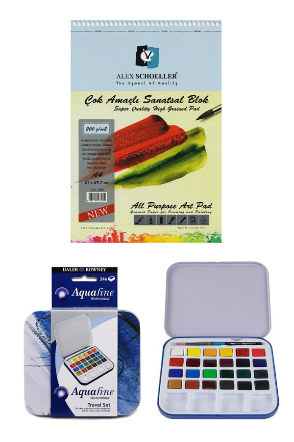 GLANCE-Alex Schoeller Multi-Purpose Artistic Block A4 20 Yp 200 Gr Daler Rowney Aquafine Watercolor Set of 24 1