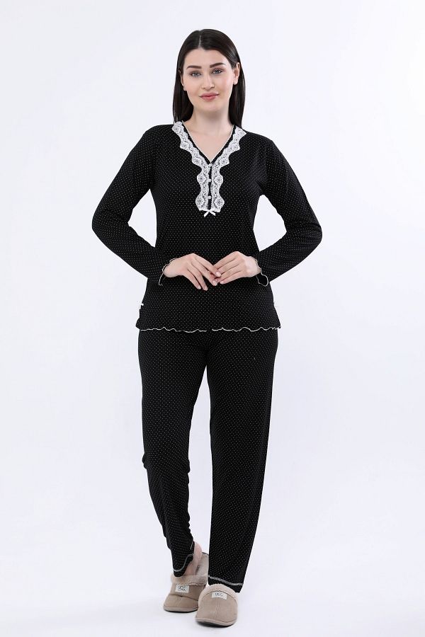 ANGEL NA Women s Black White Polka Dot Pajama Set Bamboo Long Sleeve Long Pants No Pocket 4846 Trendyol