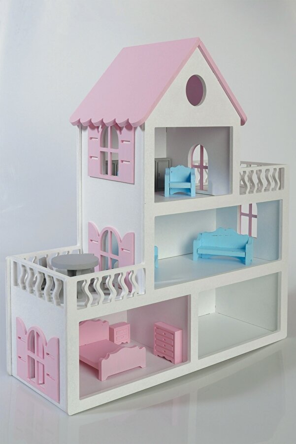 Buradadavar Hobi Ahşap Boyalı Ahşap Barbie Bebek Evi Oyuncak (15 Adet Mobilya Hediyeli)