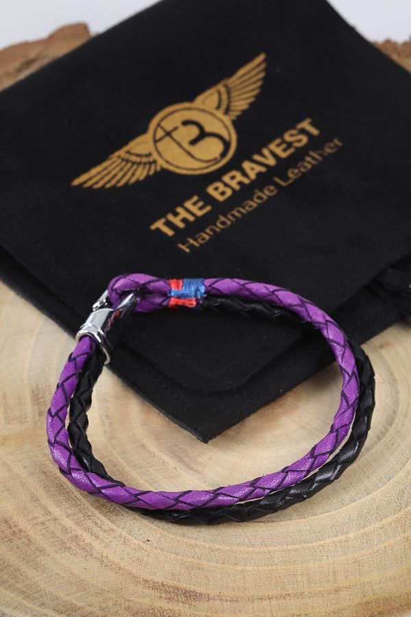 MRHERO-Unisex Purple Hooked 2-Piece Knitted Handmade Genuine Leather Bracelet_mh012 1