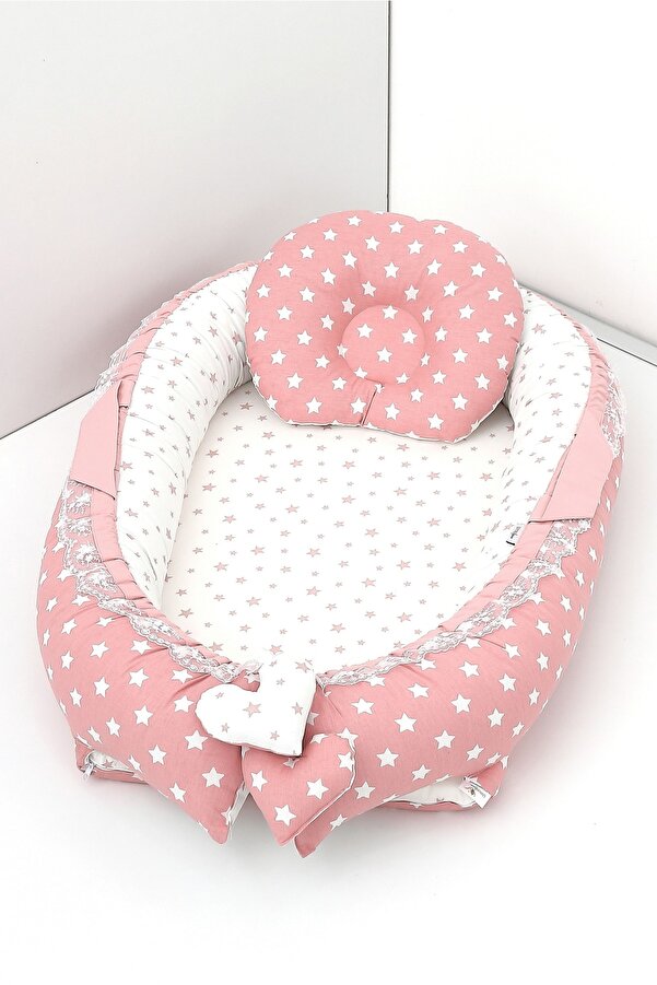 Umaybebek Babynest, Bebek Uyku Yatağı 0-2 Yaş - Pamuk Kumaş - Pudra Yıldız
