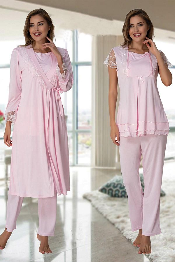Lohussa Effort Pink Lace Breastfeeding Featured Maternity Maternity Pajamas Set with Dressing Gown Trendyol