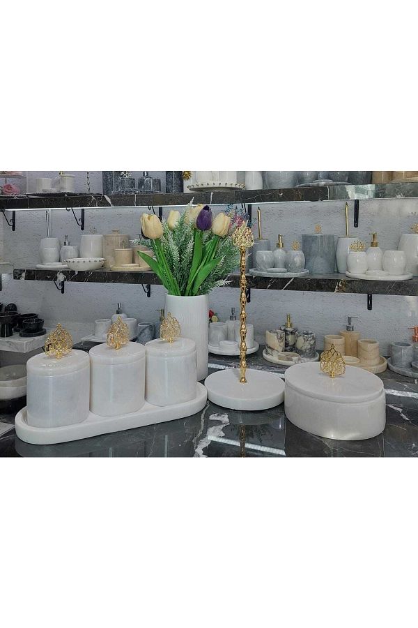 Sümeyra Marble Art-Valdera- Marble Tray / 3 Pieces of Marble Spice Rack with Lid / Paper Towel Holder / Box with Lid (Set of 7) 1