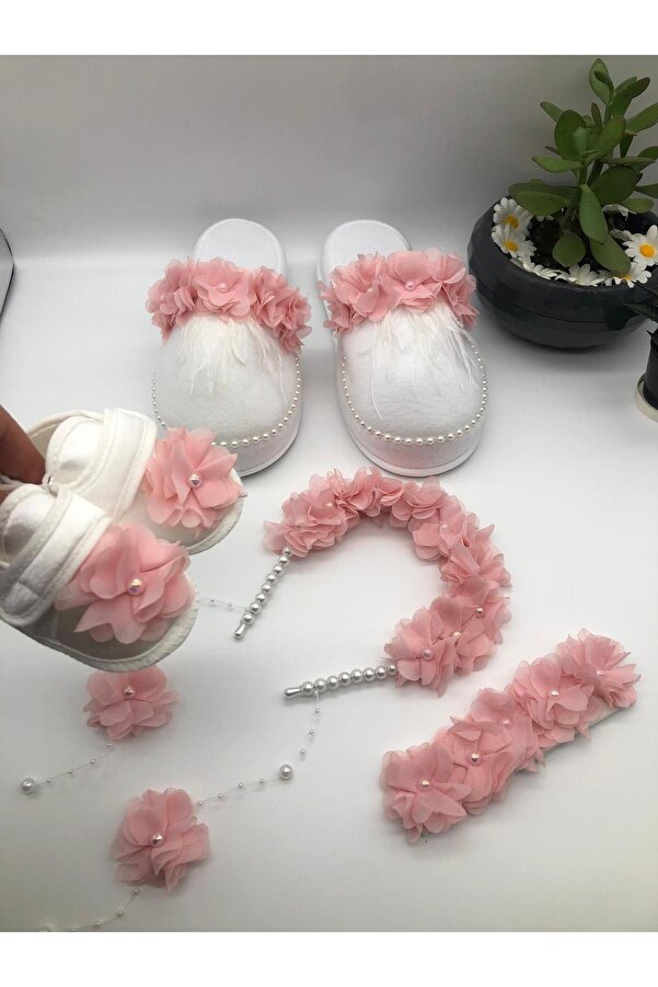 ArdaStore Logusa Seti Pudra Pembesi Çiçekli Loğusa Seti Taç Terlik Bandana Patik Seti