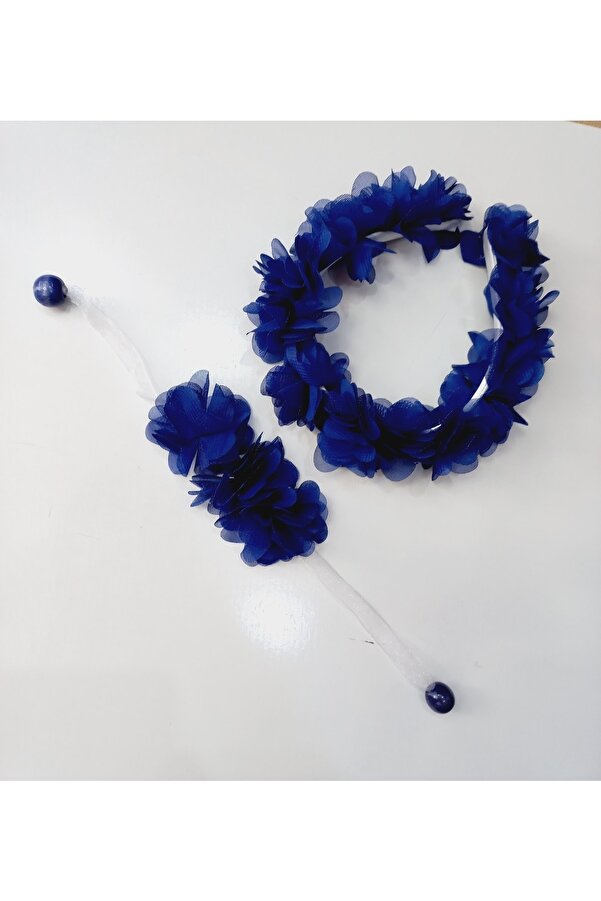 Miyakidsworld Anne Bebek Lohusa Seti Çiçekli Lohusa Tacı Ve Bileklik Kız Çocuk Özel Gün Taç Mavi