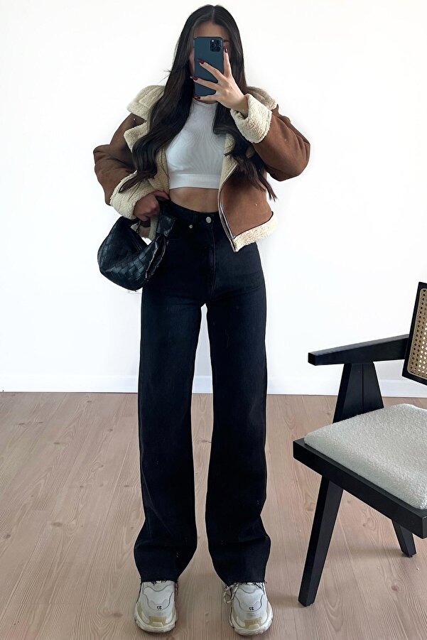 MAKRAS EXCLUSIVE Women's Black Super High Waist Wide Leg Jean