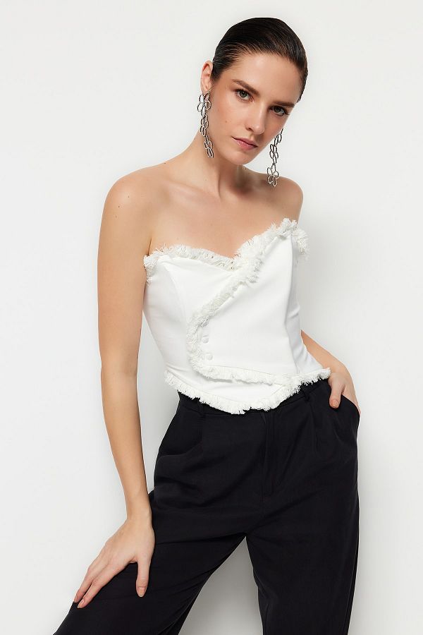 Trendyol Collection-Tasseled Ecru Woven Bustier - Lined and Body Shaper TPRSS22BS0070 1