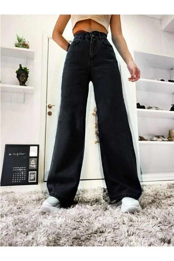 MAKRAS EXCLUSIVE-Pantaloni de blugi negri cu talie înaltă Blugi negri largi în lycra Palazzo flexibili 1