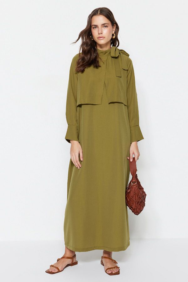 Trendyol Modest-Rochie țesută cu detaliu cravată cu guler kaki TCTSS23EB00283 1