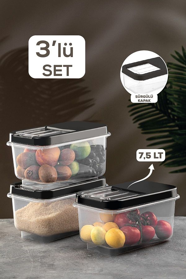 Meleni Home-Set of 3 Multibox 7.5 Lt Pulses Storage Container - Food Storage Container with Sliding Lid Flour Container Anthracite 1