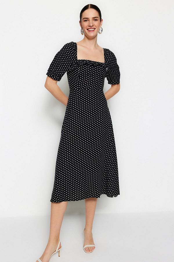 Trendyol Collection-Rochie neagră țesută cu buline, țesută midi, cu linie A, TWOSS21EL0511 1