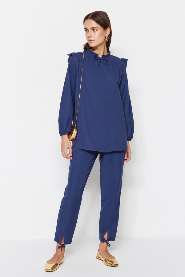 Trendyol Modest Navy Blue Denim Look Tunic-Pants Set TCTSS23US00058