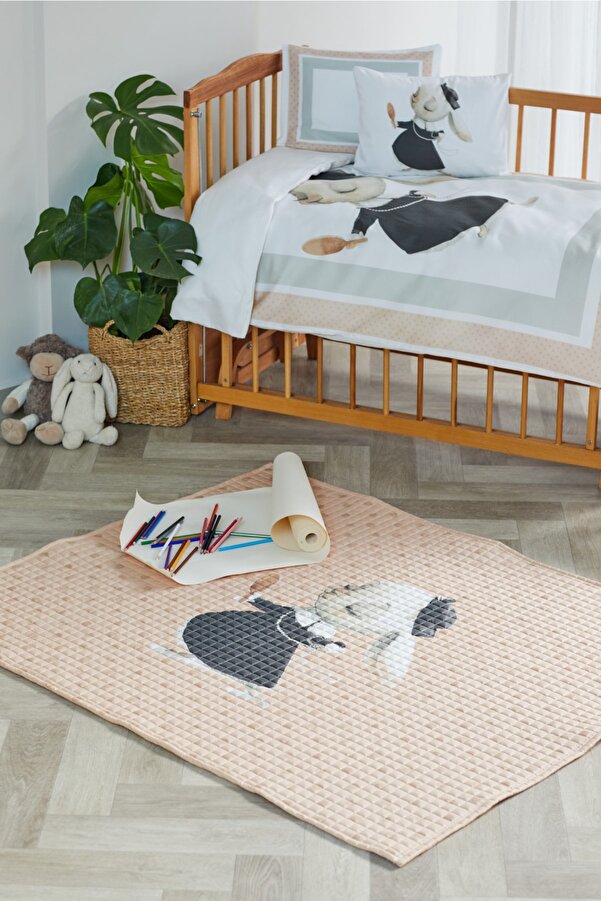 arbababy %100 Organik Pamuk Çocuk Oyun Matı - Puantiyeli Tavşan Temalı - Pembe - 120 x 150 cm