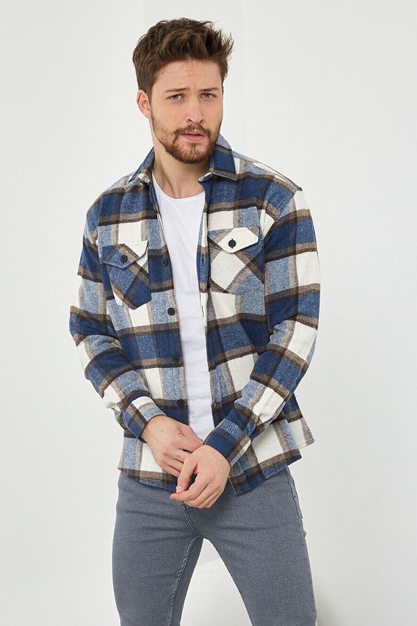 Plaid shirt with denim collar online