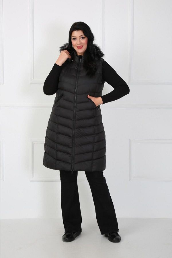 By Alba Collection-Women's Black Long Plus Size Padded Vest 1