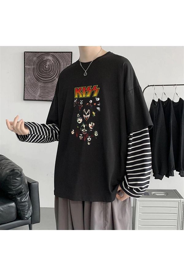 Touz-Kiss Rock Band Printed Unisex Black T-shirt - Fake Sleeves 1