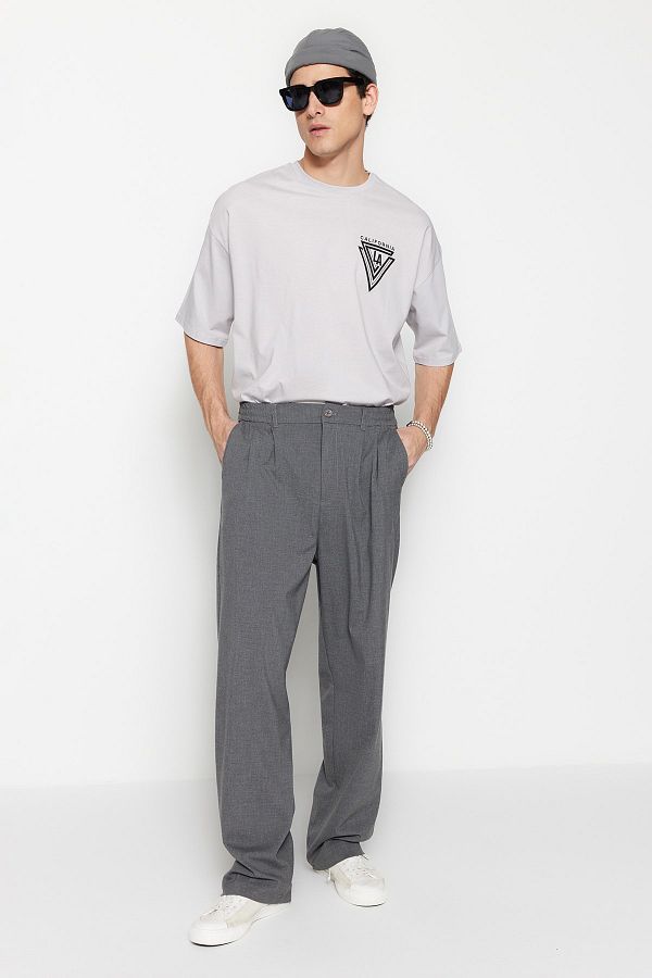 Trendyol Collection-Szare szerokie nogawki, materiałowe spodnie Baggy Tmnss23Pl00039 1
