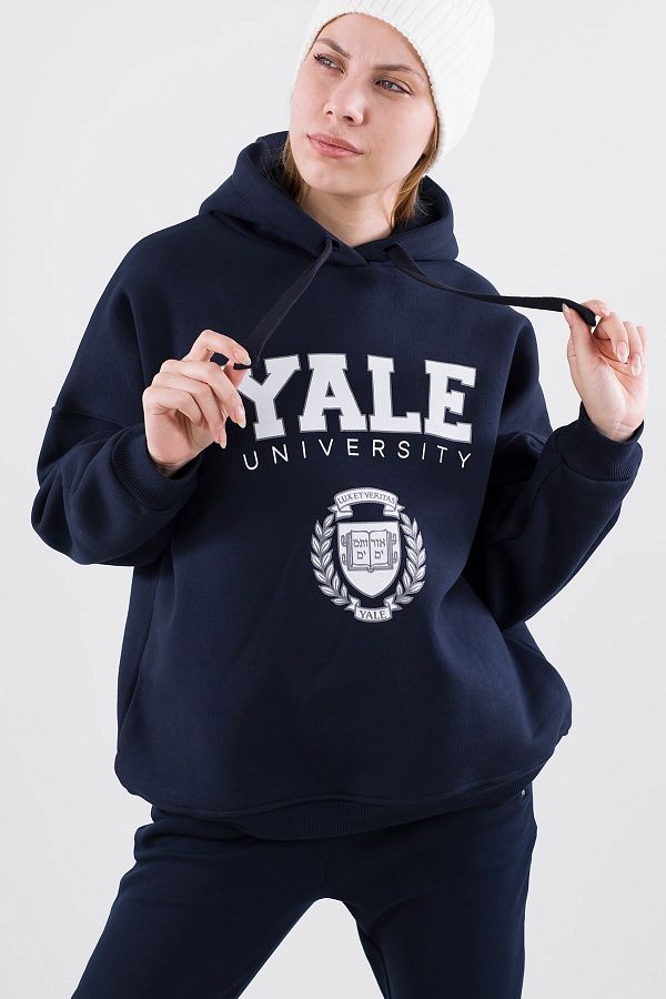 VODENS Women s Navy Blue Yale University Printed Hooded Cotton Oversize Sweatshirt Trendyol