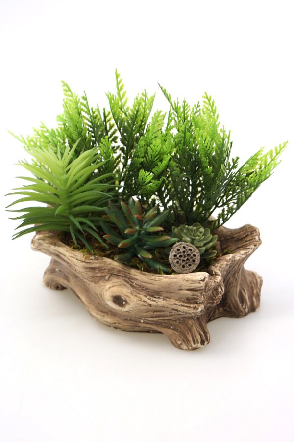 Yapay Çiçek Deposu-Artificial Succulent Cactus Arrangement in a Log-Looking Pot 1
