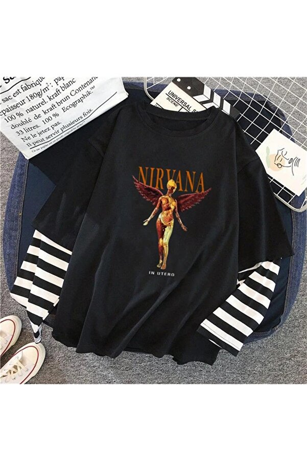 Touz Nirvana In Utero Printed Fake Sleeves Unisex Black T-shirt