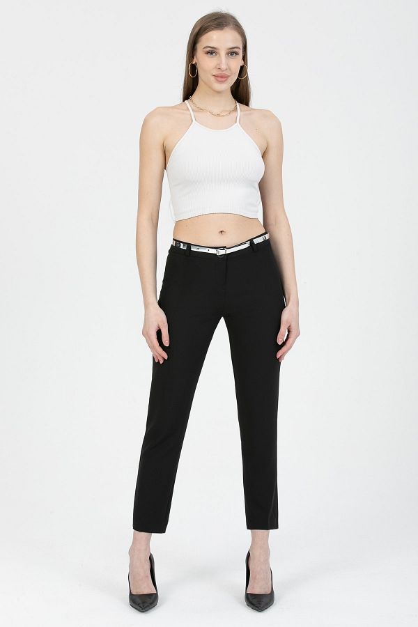 MD trend-Women's Black Belted Classic Fabric Trousers 1