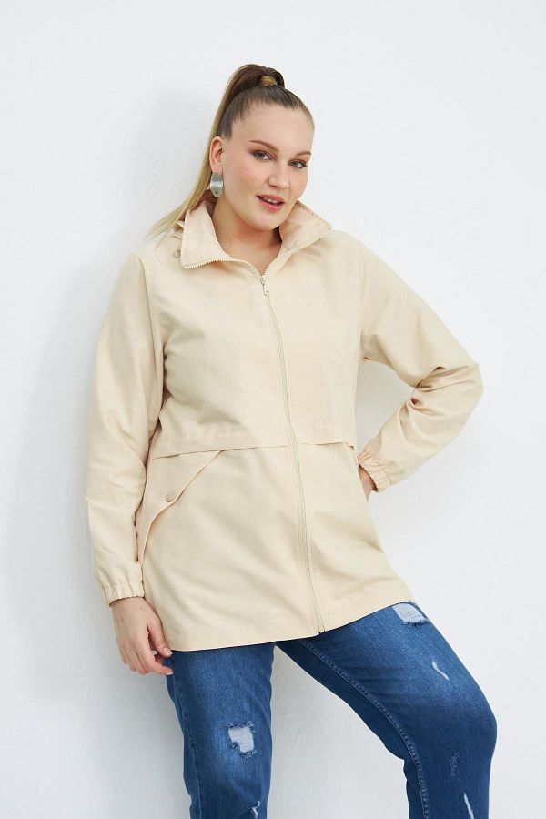 RMG-Plus Size Cream Trench Coat with Leopard Pattern Lining 1