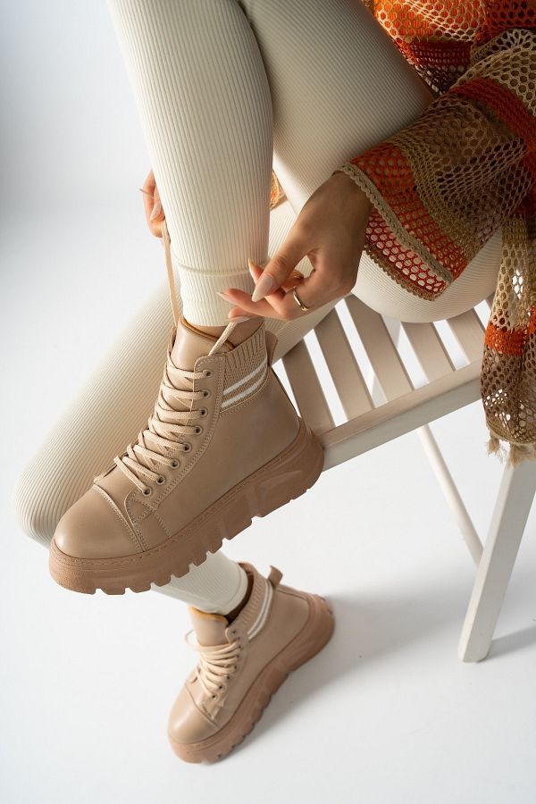 World Women s Nude Socks Detailed Elastic Lace up Women s Boots Trendyol