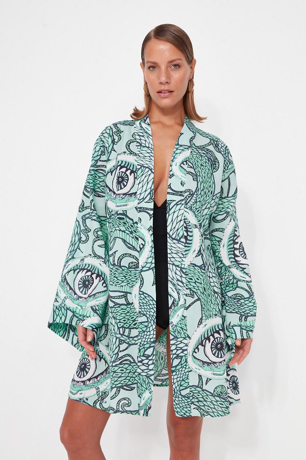 Trendyol Collection-Мини тъкани кимоно и кафтан от 100% памук с колан с етнически шарки TBESS23KM00034 1