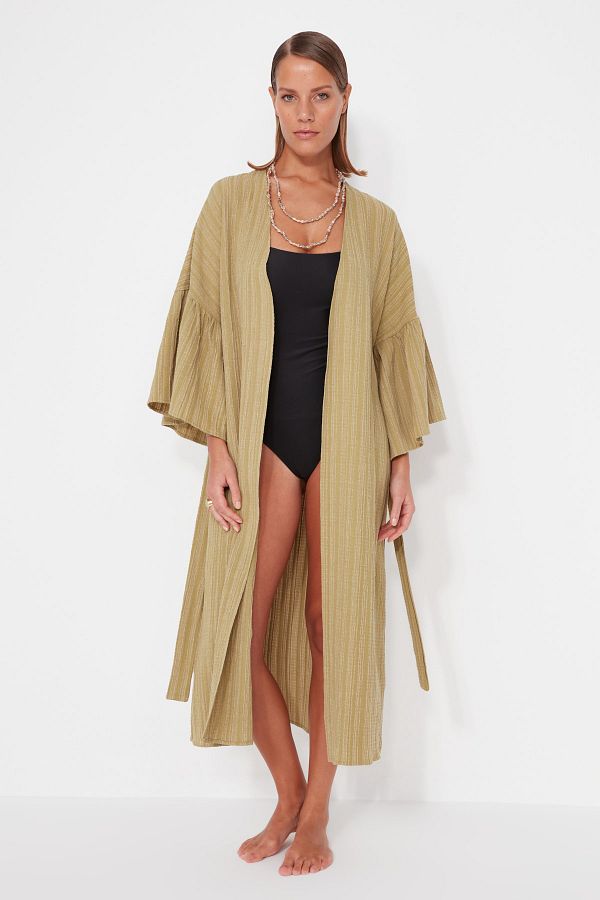 Trendyol Collection-Kimono și caftan în amestec de in, țesute maxi cu brâuri kaki TBESS23KM00028 1
