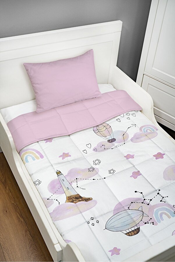 Tuğba Kuğu Bebek Yorgan Seti (95X145 CM) - Iconic Serisi - Pembe Hava Balonlu Gökkuşağı