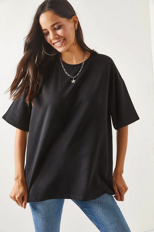 Olalook-Damen-T-Shirt in schlichtem Schwarz vorne und hinten bedruckt, 2-fädig, Unisex-Oversize-T-Shirt TSH-19000696 1