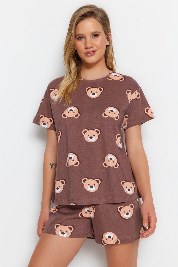 Trendyol Collection-Braunes Pyjama-Set mit Teddybär-Shorts aus 100 % Baumwolle – THMSS23PT00005 1