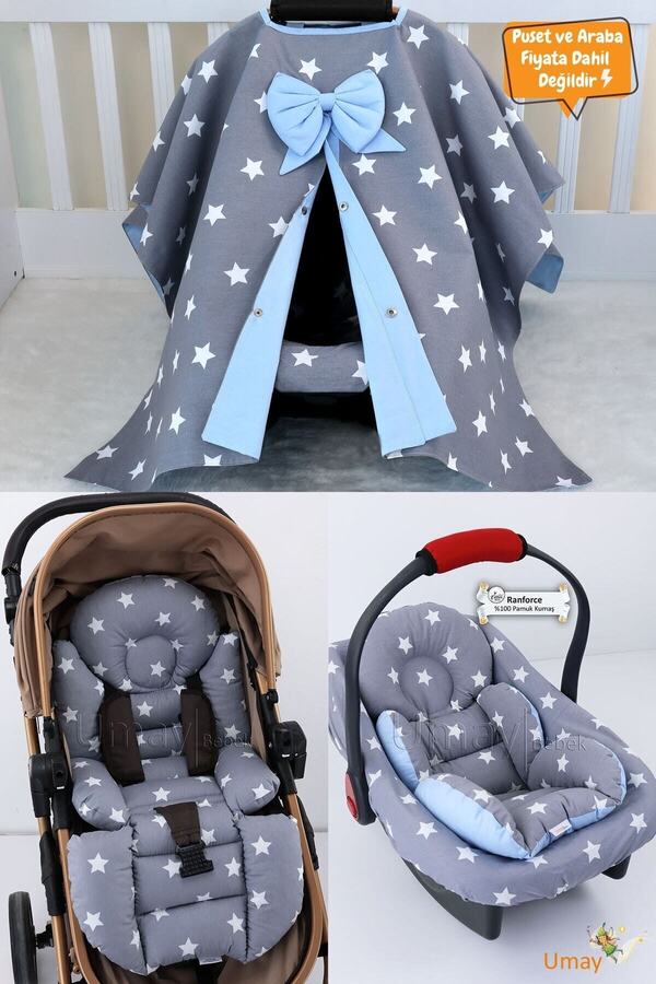 Umaybebek 4 Parça - Puset Örtüsü, Bel Destekli Bebek Arabası Minderi, Puset Minderi, Puset Çarşafı - Panço