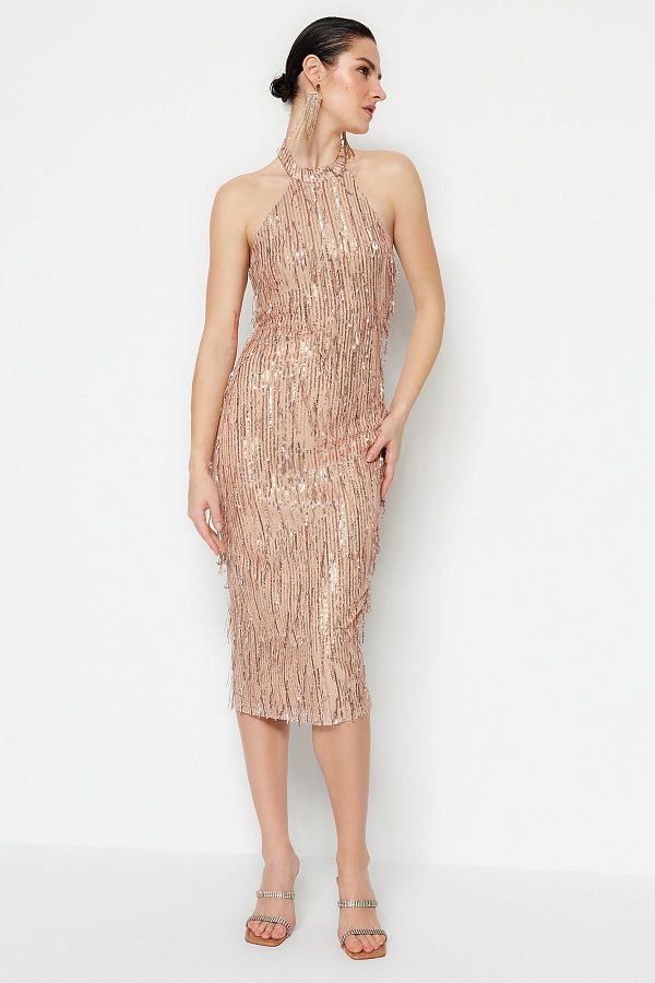 Trendyol Collection-Rochie de seară elegantă cu paiete strălucitoare, căptușită în bronz TPRSS23EL00461 1