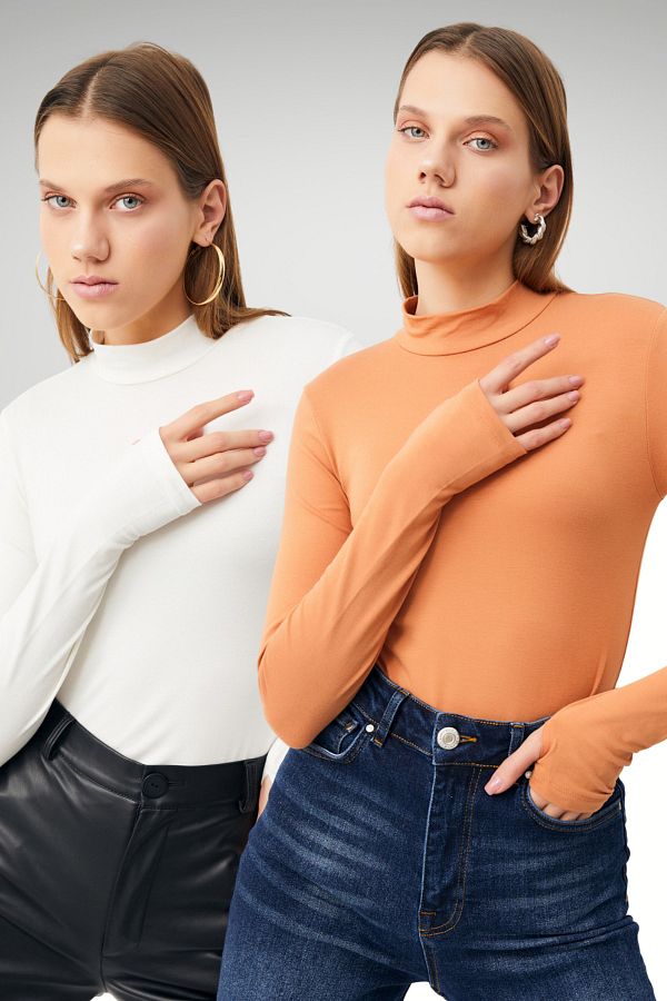 Bipantolon-Body din 2 piese cu degete alb somon pentru femei 1