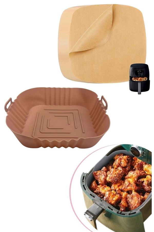 Buffer-® 50 Pieces of Baking Paper Without Holes Flat Square Model and Silicone Airfryer Container 20 Cm 1