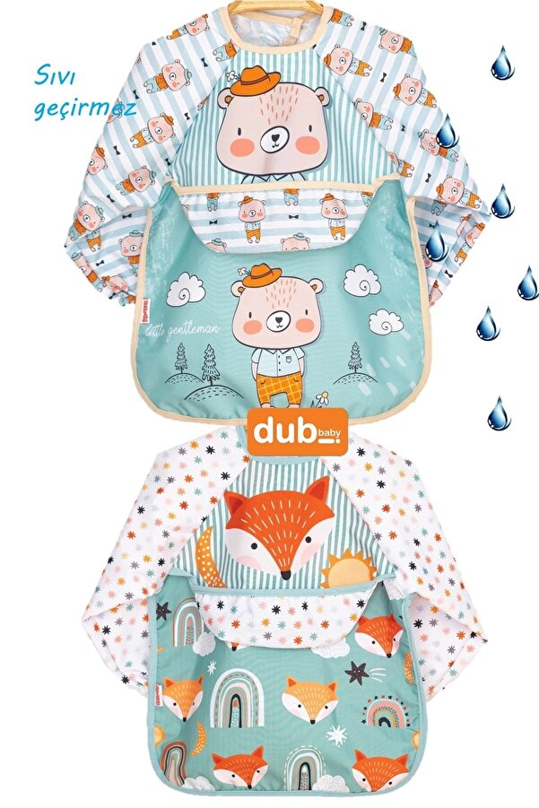 dubi baby Havuzlu Ayı Ve Tilki Desen Ikili Set Uzun Kollu Bebek Mama Önlüğü.