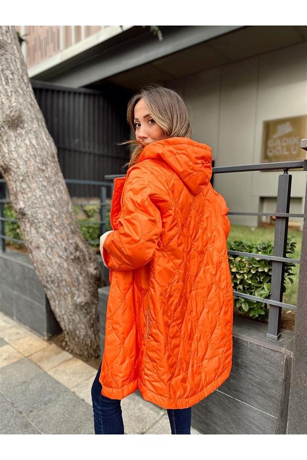NEWQ Double Sided Quilted Fabric Zippered Hooded Raincoat orange Trendyol