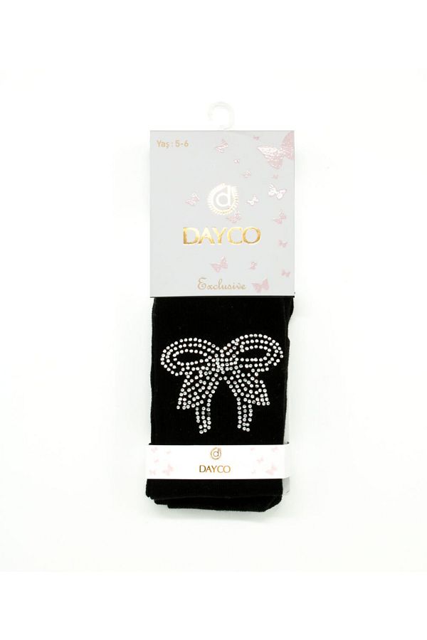 DAYCO-Black Children's Pantyhose with Stone Embroidered Bow Pattern 1