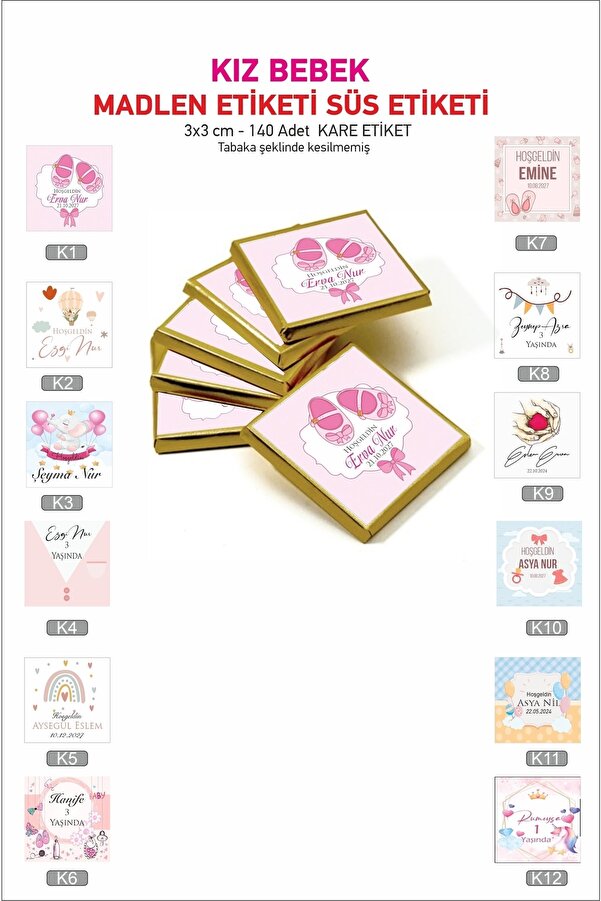 Genel Markalar Doğum Günü 1 Yaş Hoşgeldin Bebek Kız Bebek-çocuk Hediyelik Madlen Çikolata Etiketli Kare 140 Adet