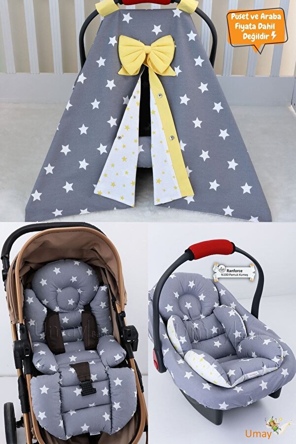 Umaybebek 4 Parça - Puset Örtüsü, Bel Destekli Bebek Arabası Minderi, Puset Minderi, Puset Çarşafı - Tutmalı