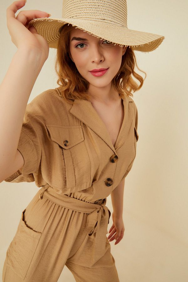 soBasic-Beige Belted Jumpsuit with Elastic Waist and Pocket Detail 1
