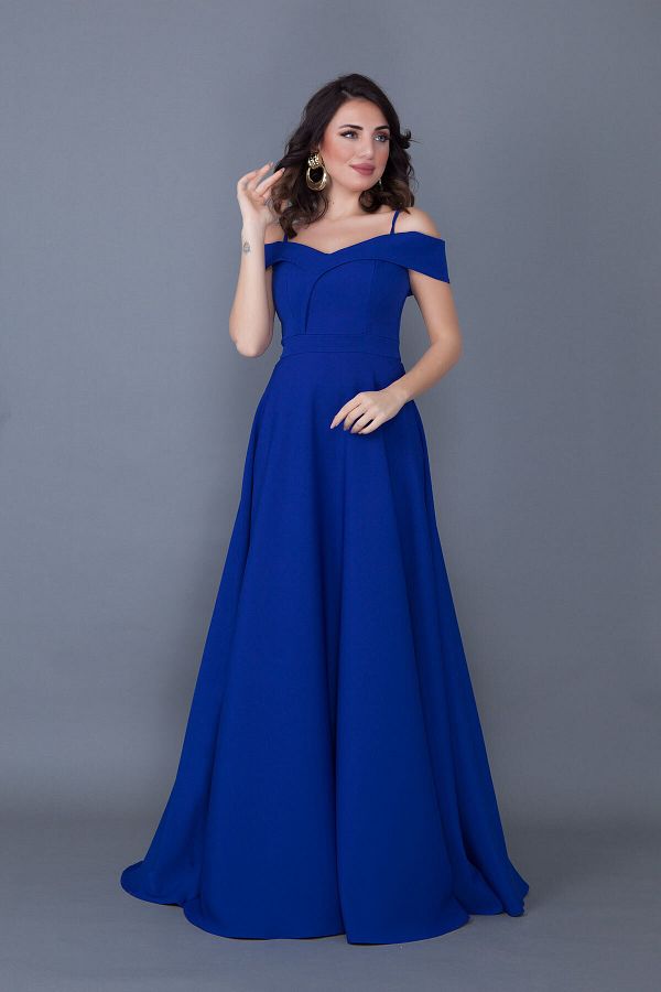 Bidoluelbise Women s Strappy Off Shoulder Detail Maxi Length Flared Sax Blue Evening Dress Engagement and Graduation Dress Trendyol