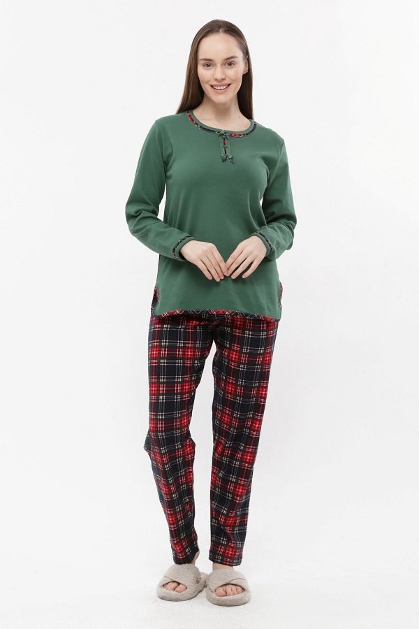 ANGEL NA Women s Green Checked Thick Cotton Interlock Long Sleeve Warm Comfortable Pajamas Set 4452 Trendyol