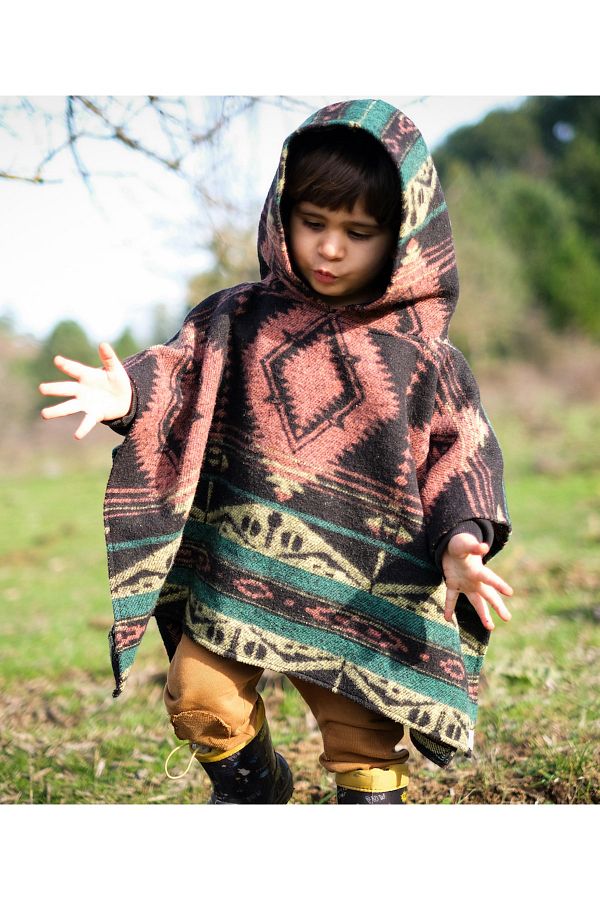 TwoMamas Ethnic Patterned Aztec Wool Hooded Winter Children s Poncho Trendyol