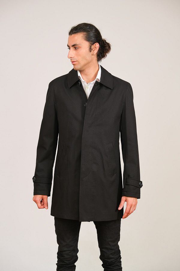 Witwork-Black Trench Coat - Jacket Collar and Hidden Buttons 1